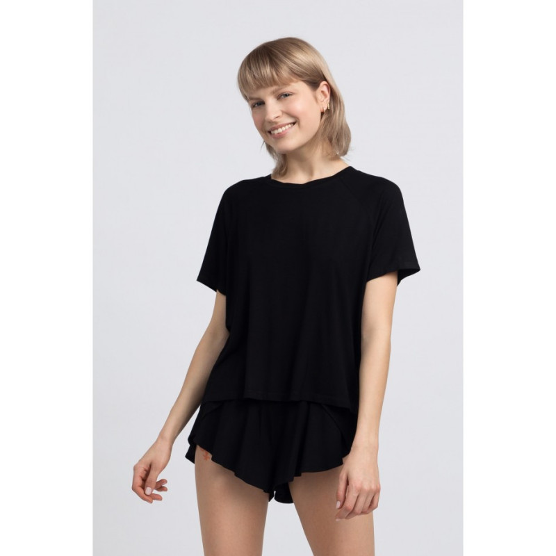 LA044 Wiskozowa bluzka do spania z rozcięciem - czarna