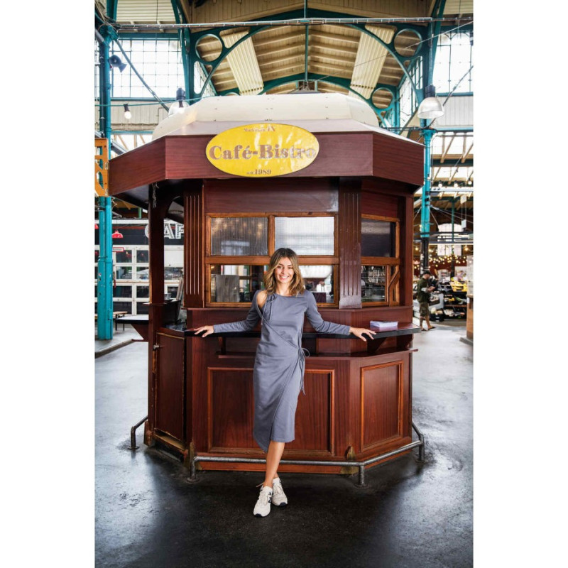 B206 Sukienka warstwowa z wiązaniem - antracytowa