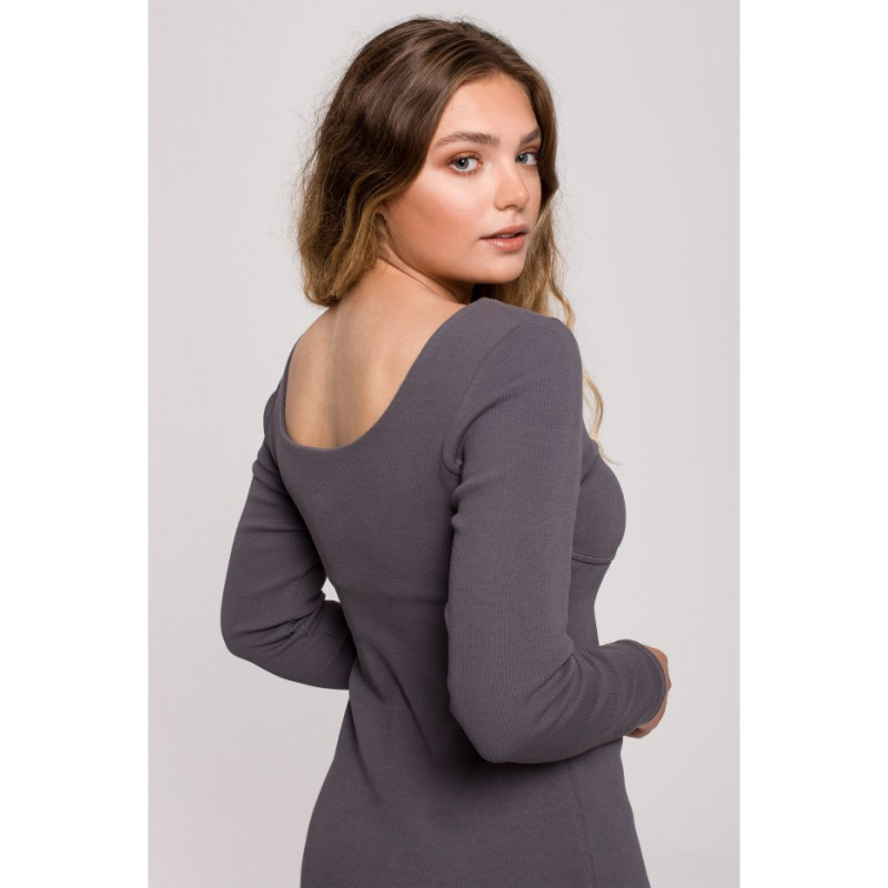 B207 Sukienka midi z dzianiny prążkowanej - antracytowa