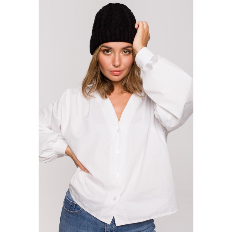 BK080 Czapka splot warkocz z wywinięciem - czarna