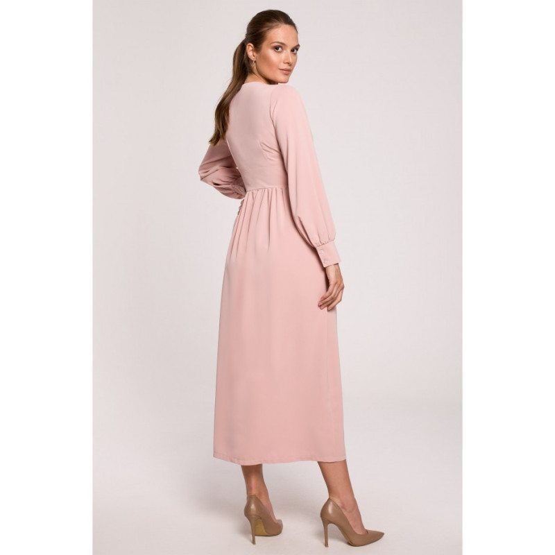 K118 Sukienka maxi z dekoltem V - pudrowa
