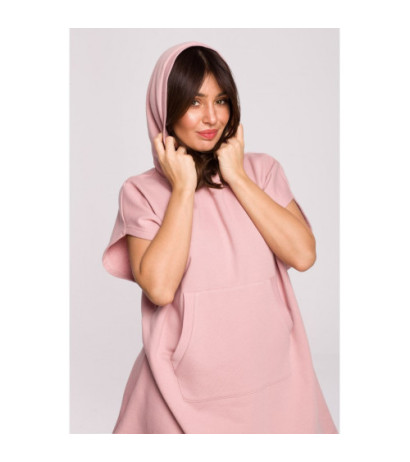 B226 Tunika trapezowa z kieszenią kangurek - pudrowa