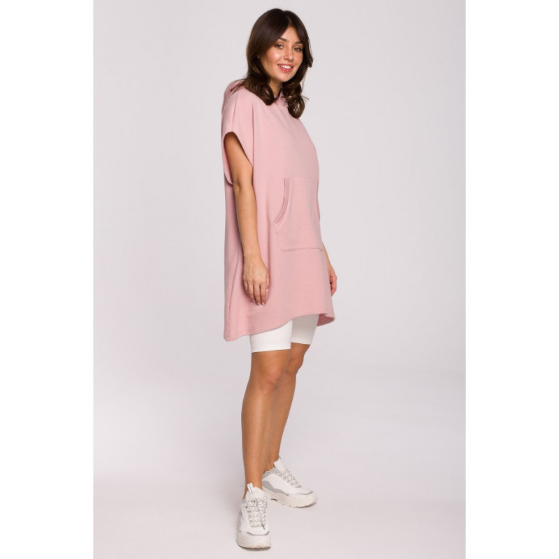 B226 Tunika trapezowa z kieszenią kangurek - pudrowa