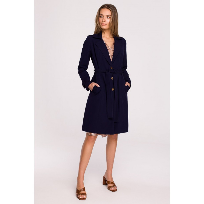 S294 Płaszcz z paskiem wiązanym - granatowy