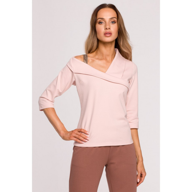 M678 Bluzka z dekoltem i lampasem MOE - cukierkowy róż
