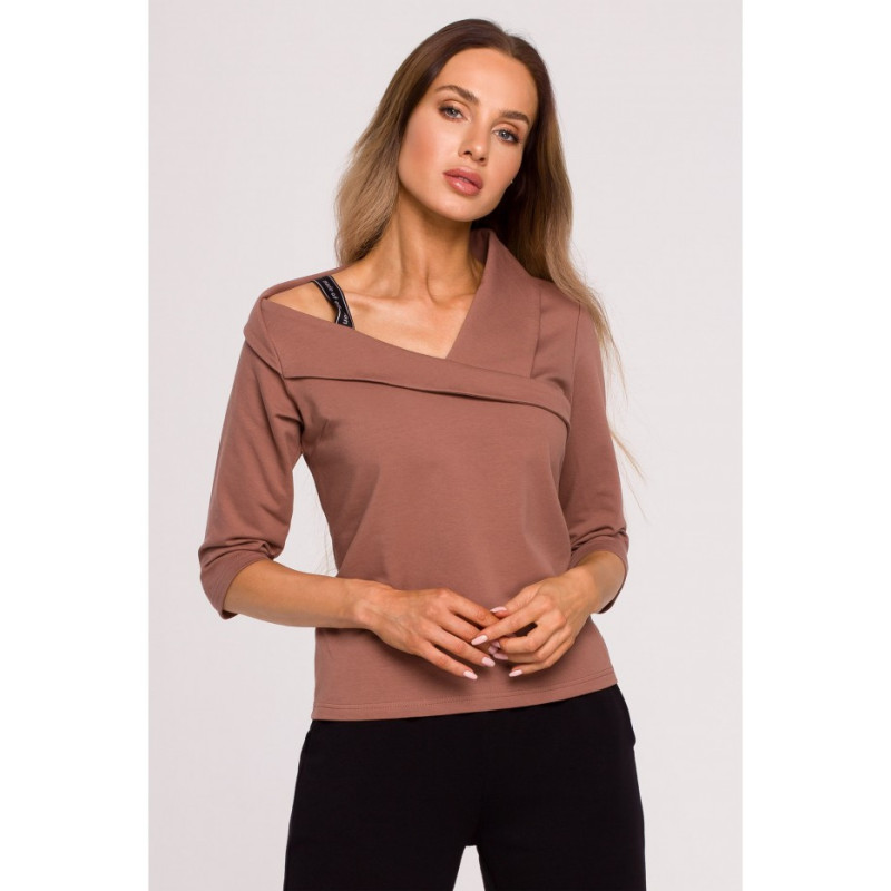 M678 Bluzka z dekoltem i lampasem MOE - czekoladowa