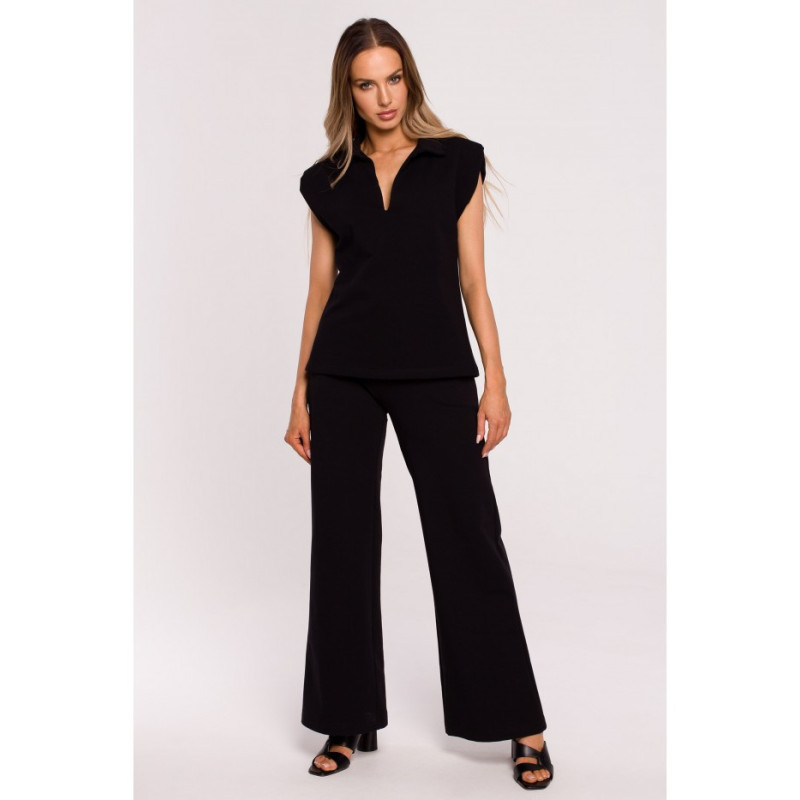 M682 Bluzka bez rękawów z dekoltem V i kołnierzem - czarna