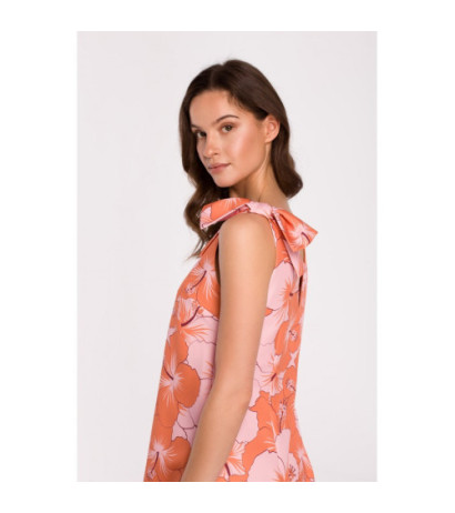 K129 Sukienka we wzór z kokardą na ramieniu - model 1