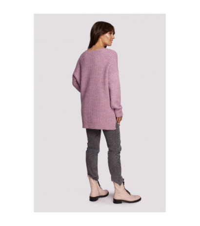 BK087 Długi sweter z dekoltem i rozcięciami po bokach - pudrowy