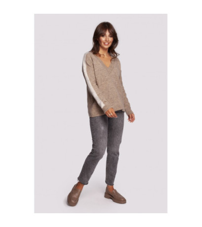 BK093 Sweter w serek z kontrastowymi lampasami - jasnobrązowy