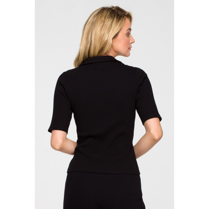 LA116 Prążkowana bluzka z kołnierzykiem - czarna