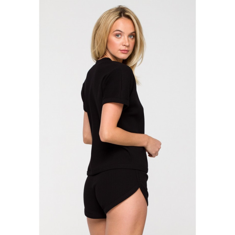 LA118 Prążkowana bluzka z dekoltem V - czarna