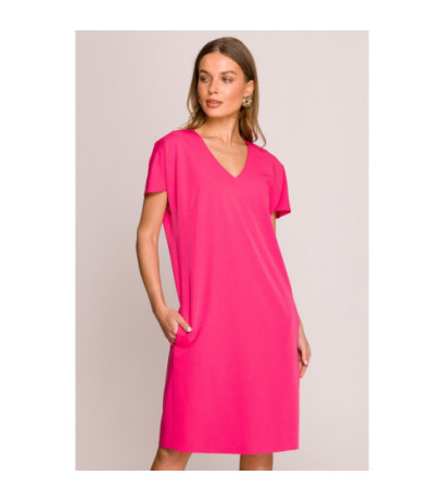 S392 Sukienka o luźnym fasonie z dekoltem V - różowa