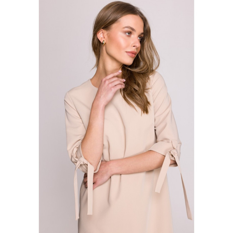 S393 Sukienka z wiązanymi rękawami - beżowa
