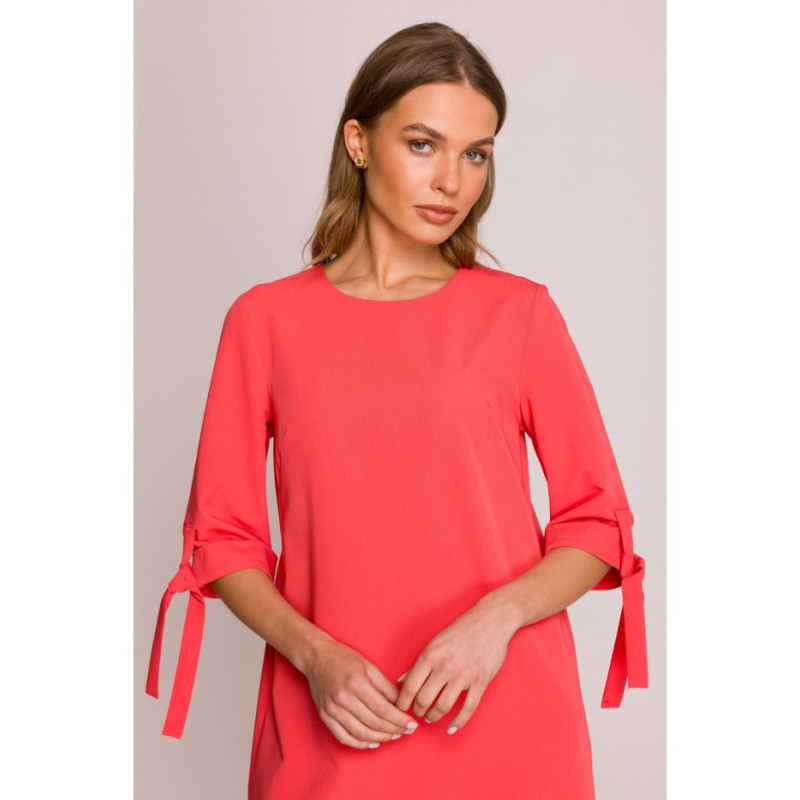 S393 Sukienka z wiązanymi rękawami - koralowa