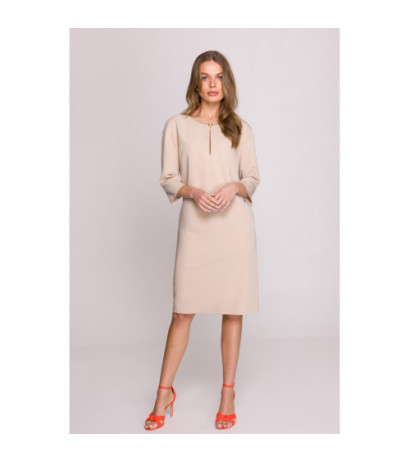 S394 Sukienka o luźnym fasonie z łezką w dekolcie - beżowa