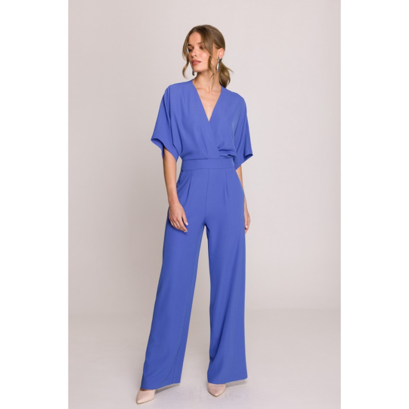 S395 Kombinezon z dekoltem kopertowym - niebieski