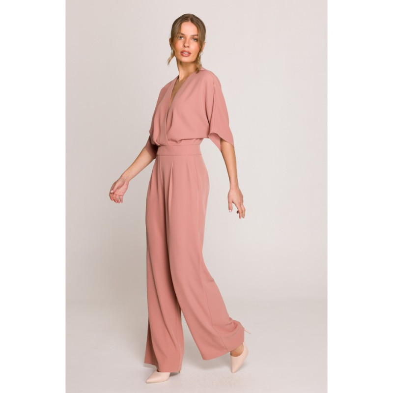 S395 Kombinezon z dekoltem kopertowym - różany