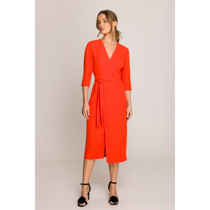 S396 Sukienka z kopertowym motywem - koralowa