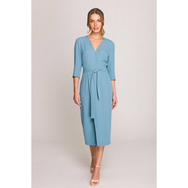 S396 Sukienka z kopertowym motywem - zimny niebieski