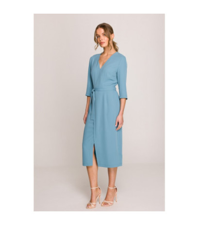 S396 Sukienka z kopertowym motywem - zimny niebieski