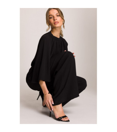 S397 Kombinezon z szerokimi rękawami i wiązaniem - czarny