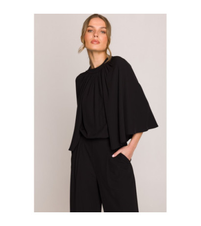 S397 Kombinezon z szerokimi rękawami i wiązaniem - czarny