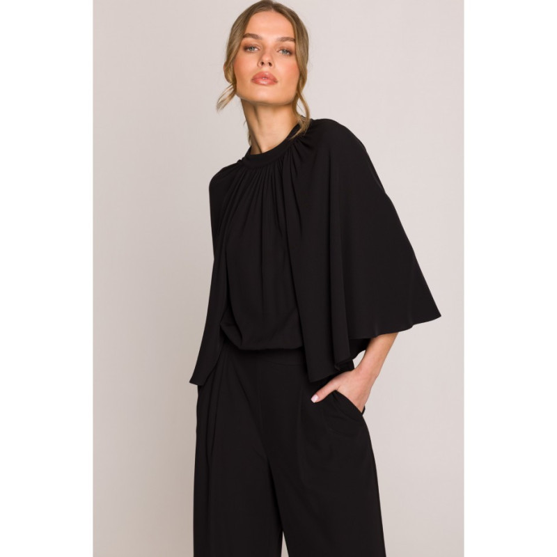 S397 Kombinezon z szerokimi rękawami i wiązaniem - czarny