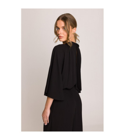 S397 Kombinezon z szerokimi rękawami i wiązaniem - czarny