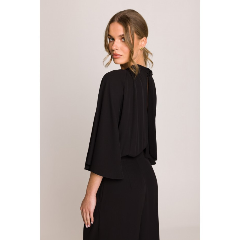 S397 Kombinezon z szerokimi rękawami i wiązaniem - czarny