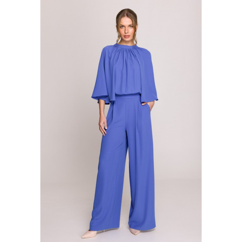 S397 Kombinezon z szerokimi rękawami i wiązaniem - niebieski