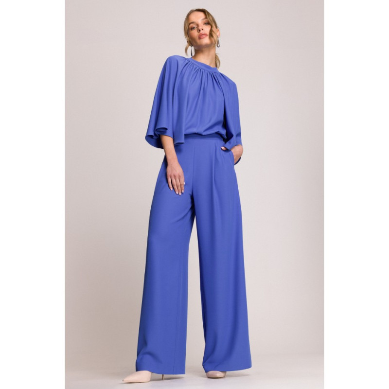 S397 Kombinezon z szerokimi rękawami i wiązaniem - niebieski