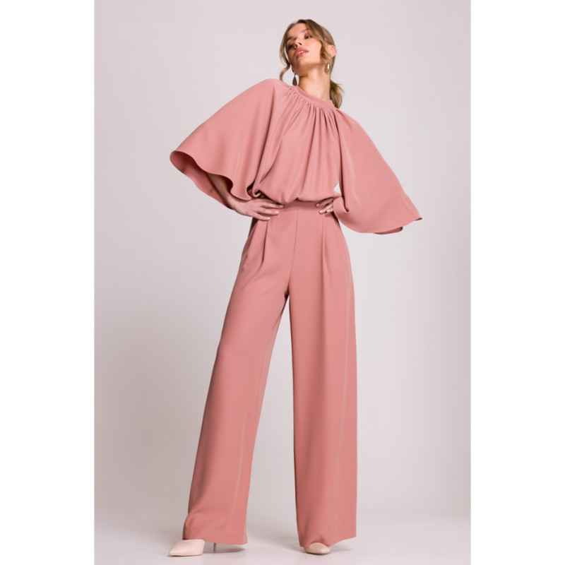 S397 Kombinezon z szerokimi rękawami i wiązaniem - różany