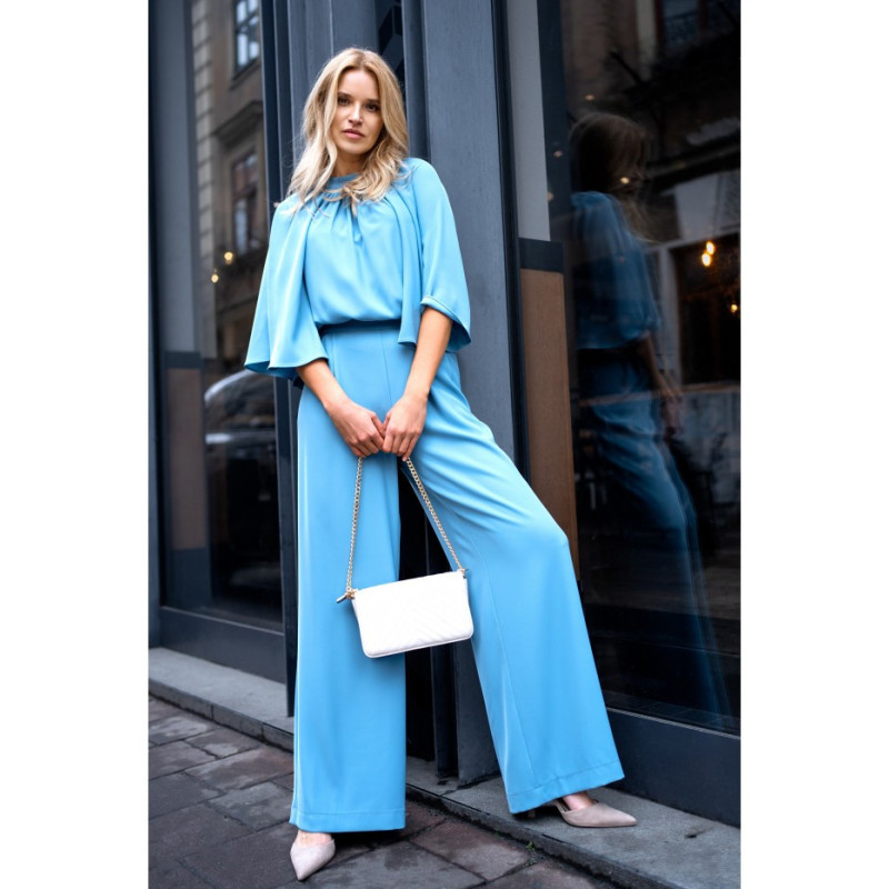 S397 Kombinezon z szerokimi rękawami i wiązaniem - zimny niebieski