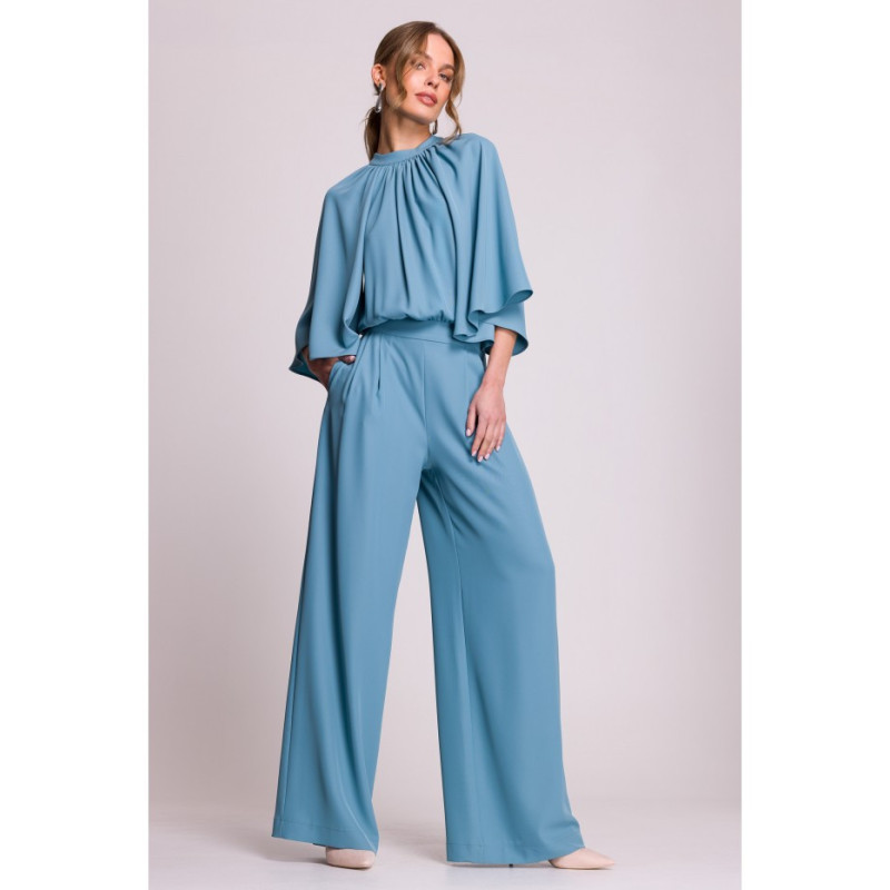 S397 Kombinezon z szerokimi rękawami i wiązaniem - zimny niebieski