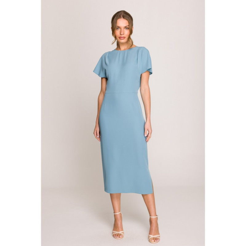 S398 Sukienka z dekoltem z tyłu i rozcięciem - zimny niebieski