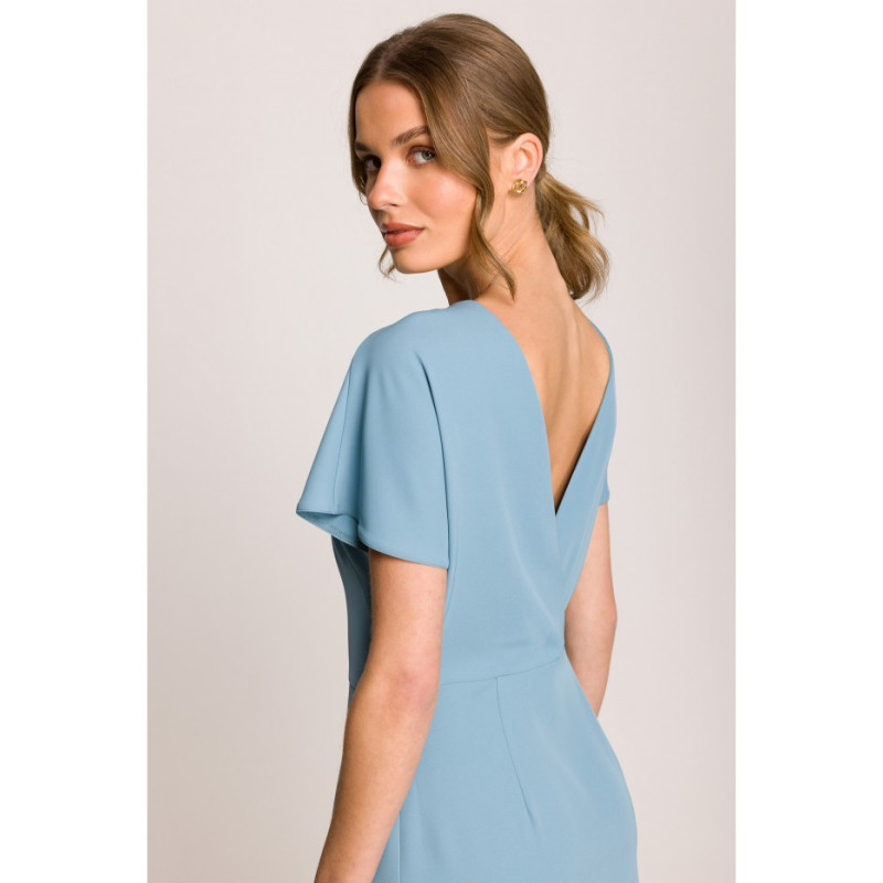 S398 Sukienka z dekoltem z tyłu i rozcięciem - zimny niebieski
