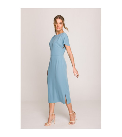S398 Sukienka z dekoltem z tyłu i rozcięciem - zimny niebieski