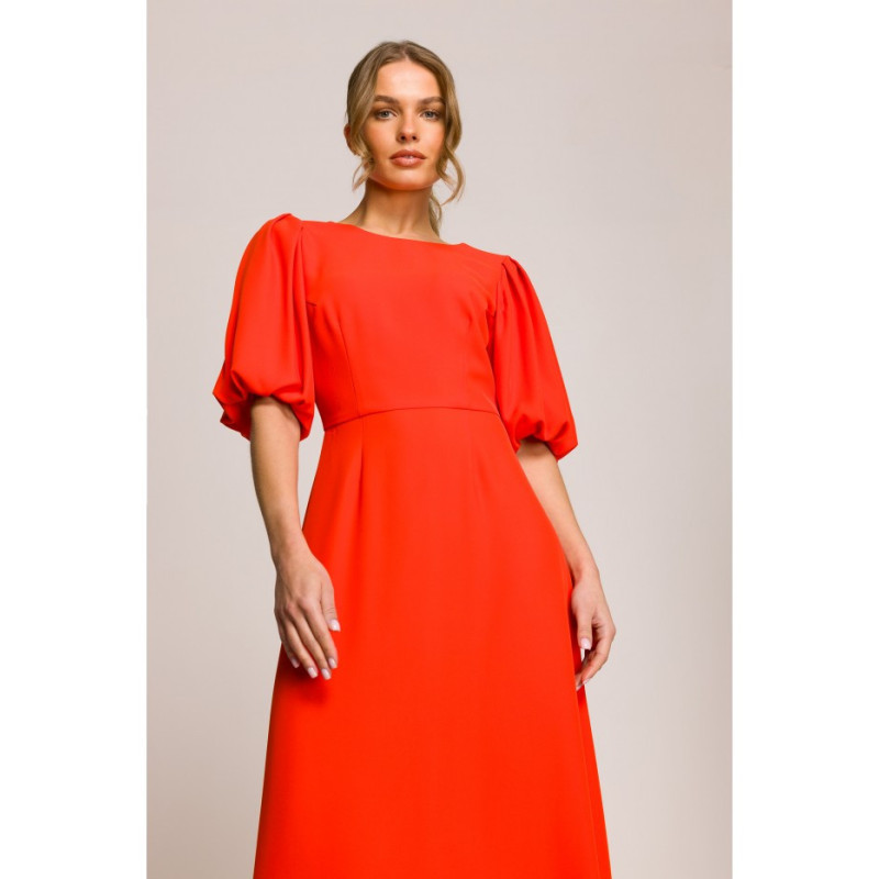 S399 Sukienka z bufiastymi rękawami - koralowa