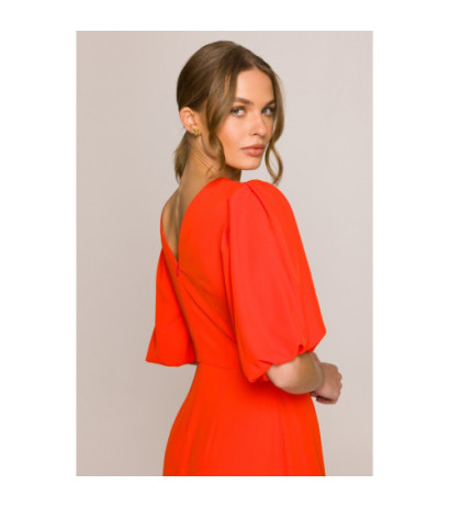 S399 Sukienka z bufiastymi rękawami - koralowa