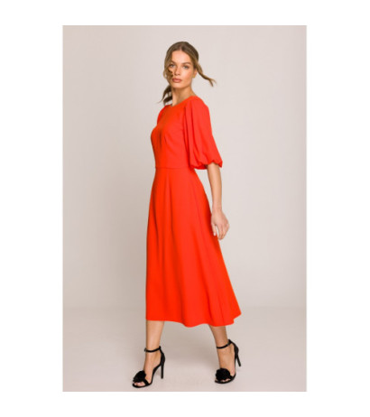 S399 Sukienka z bufiastymi rękawami - koralowa