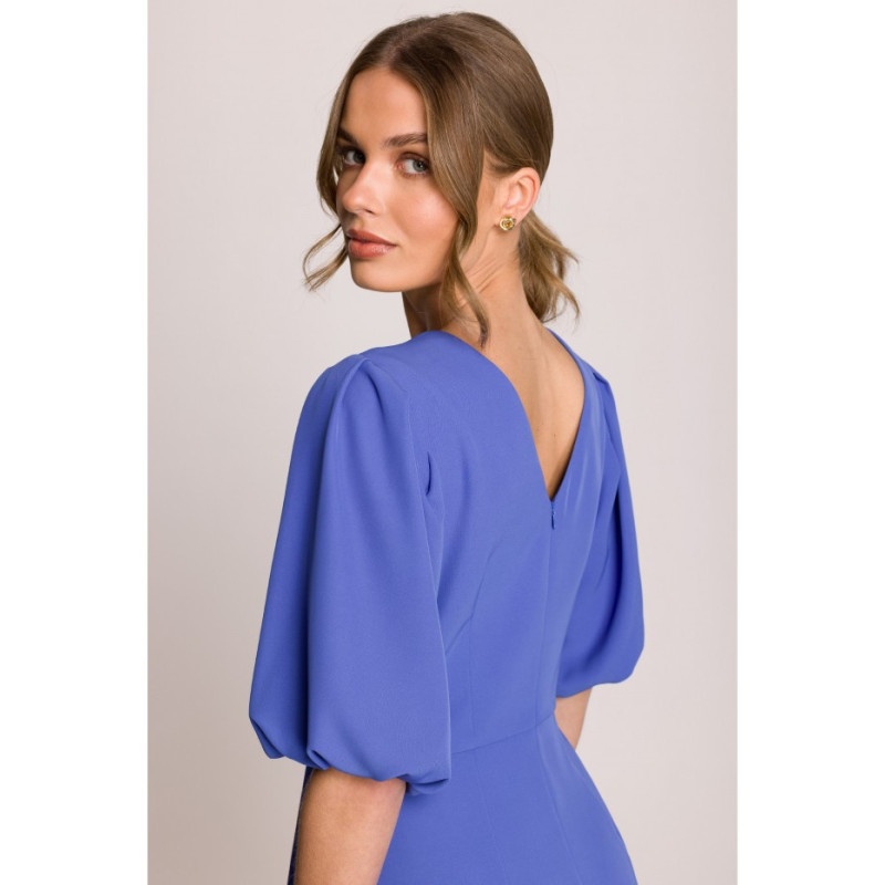 S399 Sukienka z bufiastymi rękawami - niebieska