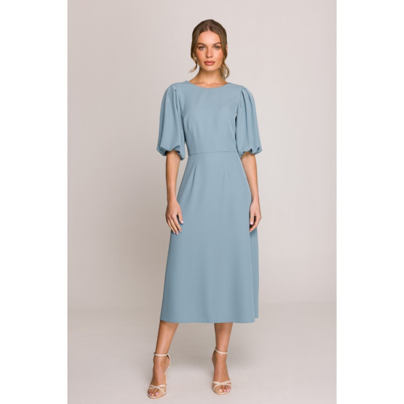 S399 Sukienka z bufiastymi rękawami - zimny niebieski