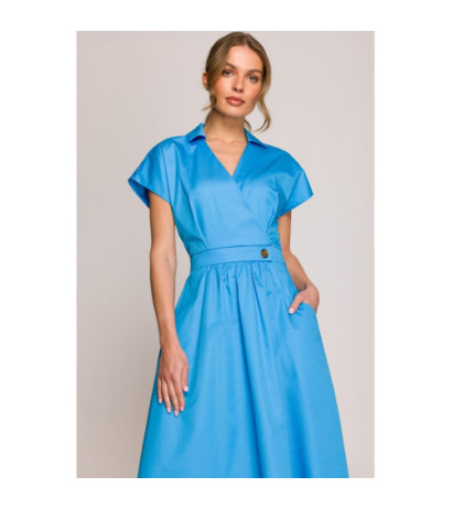 S401 Bawełniana sukienka z kołnierzykiem - niebieska