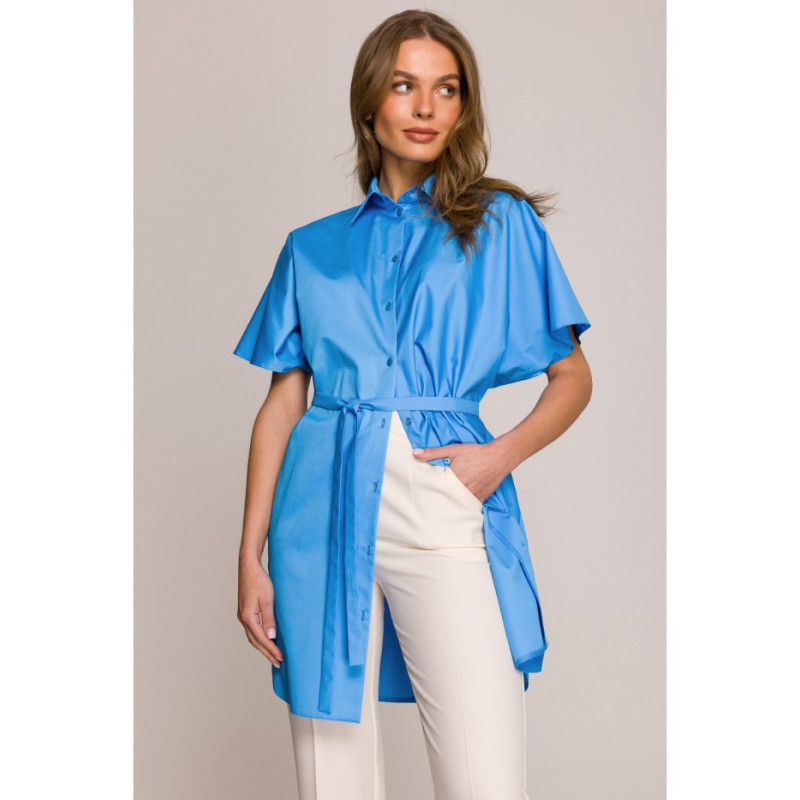 S402 Bawełniana koszula oversize tunika - niebieska