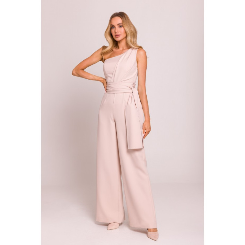 M845 Kombinezon na jedno ramię z wiązanymi szarfami - jasny beżowy