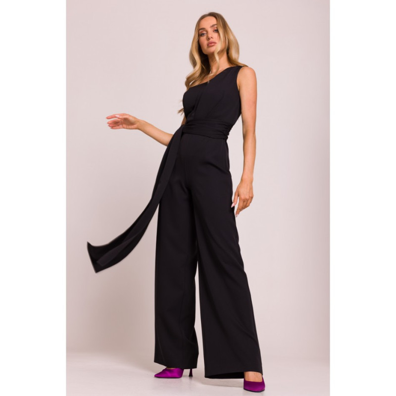 M845 Kombinezon na jedno ramię z wiązanymi szarfami - czarny