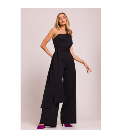 M845 Kombinezon na jedno ramię z wiązanymi szarfami - czarny