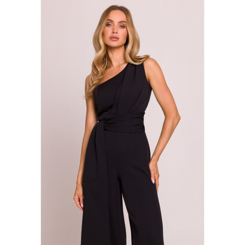 M845 Kombinezon na jedno ramię z wiązanymi szarfami - czarny