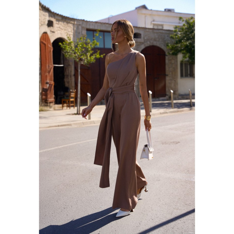 M845 Kombinezon na jedno ramię z wiązanymi szarfami - mokka